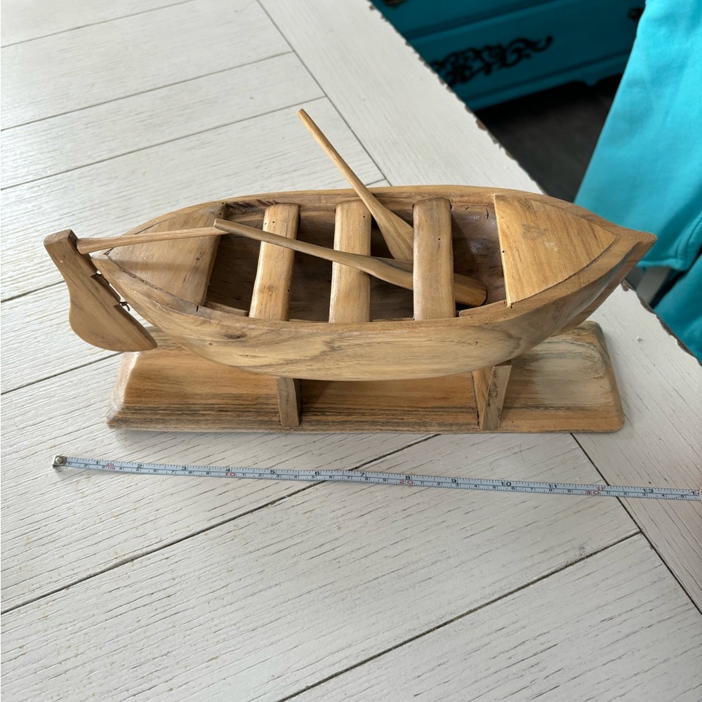 13” Hand carved (Olive wood?) rowboat on stand